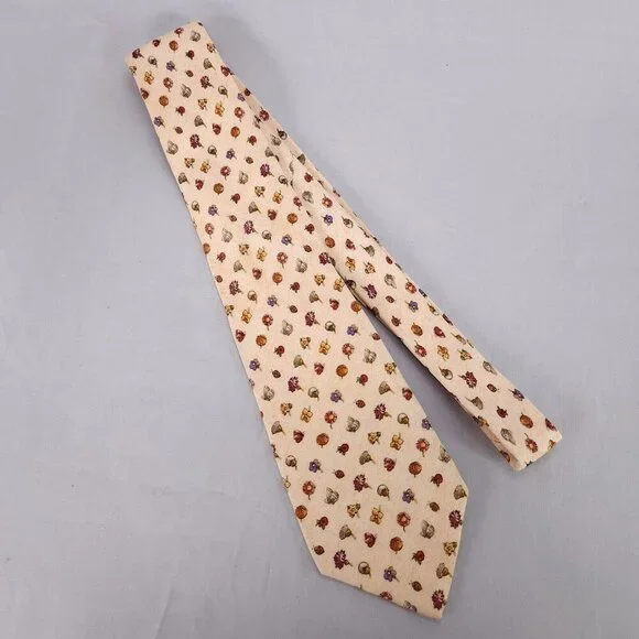 Salvatore Ferragamo Mens Silk Linen Necktie Designer Tie Beige Flowers Ladybug - Picture 2 of 10